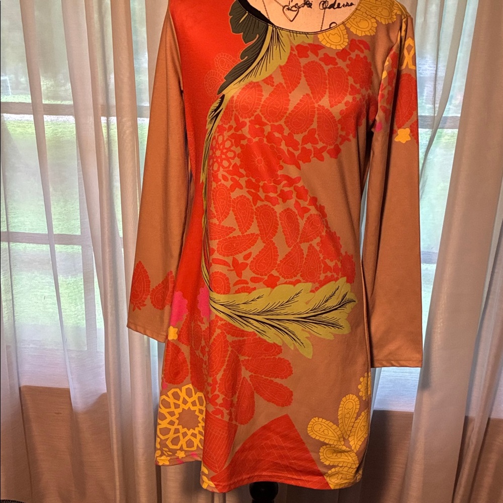 Aryeh Long-Sleeve Floral Shift Dress in Orange , Red, Yellow